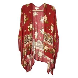 Tassels & Lace Wine Floral Rayon Kimono  Tassels On Sleeve Size Small Boho